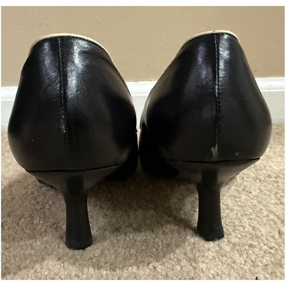 CHANEL Pumps 37.5 Black Beige Leather Cap Toe Pointed Kitten Heel Made Italy - Picture 14 of 14